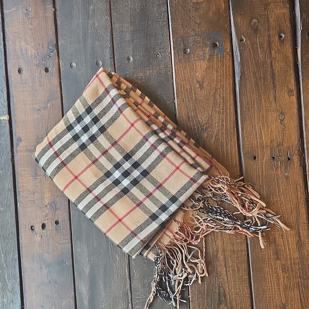 Classic Beige Nova Check Plaid Fringe Scarf Tan Black Red